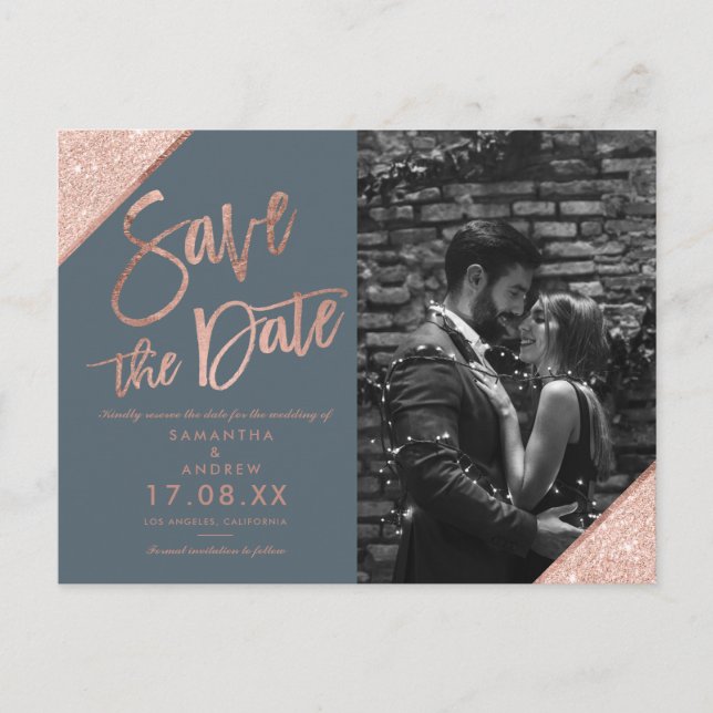 Blue Rose gold glitter script photo save the date Postcard (Front)