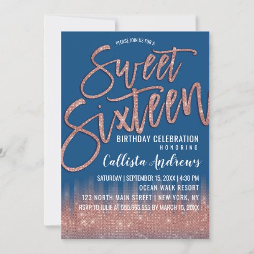 Blue Rose Gold Glitter Typography Sweet 16 Invitation