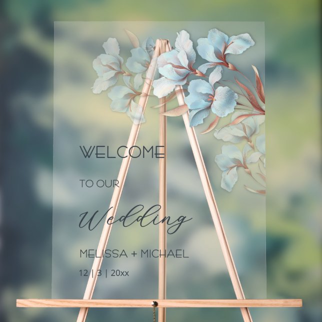 Blue  Rose Gold Layered Flowers Transparent Acrylic Sign (Neutral)