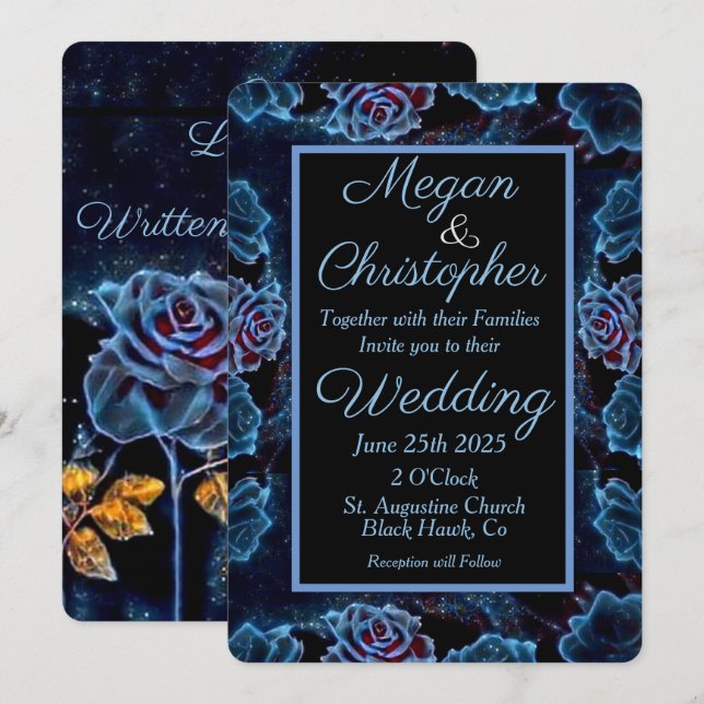 Blue Rose Gold Leaf Night Sky Wedding Invitation (Front/Back)