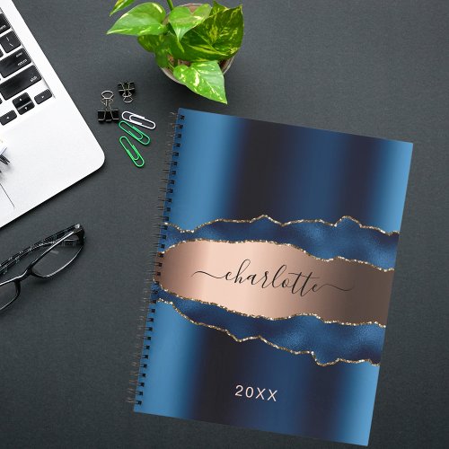 Blue rose gold metal agate marble name script notebook