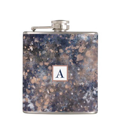 Blue  Rose Gold Paint Splatter Abstract Glamour Flask