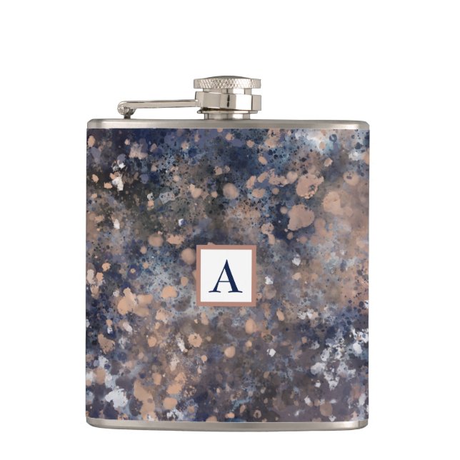 Blue & Rose Gold Paint Splatter Abstract Glamour Flask (Front)