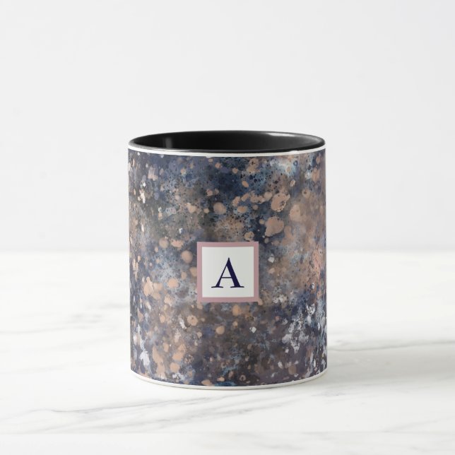 Blue & Rose Gold Paint Splatter Abstract Glamour Mug (Center)
