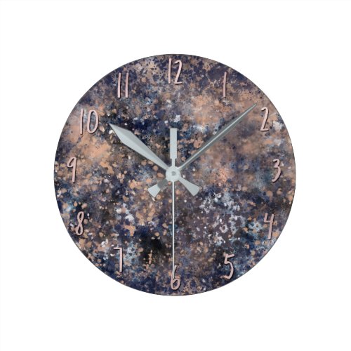 Blue &amp; Rose Gold Paint Splatter Abstract Glamour Round Clock