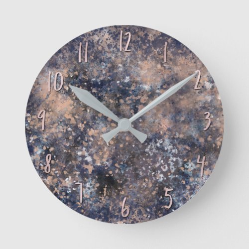 Blue  Rose Gold Paint Splatter Abstract Glamour Round Clock