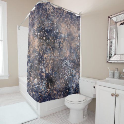Blue  Rose Gold Paint Splatter Abstract Glamour Shower Curtain
