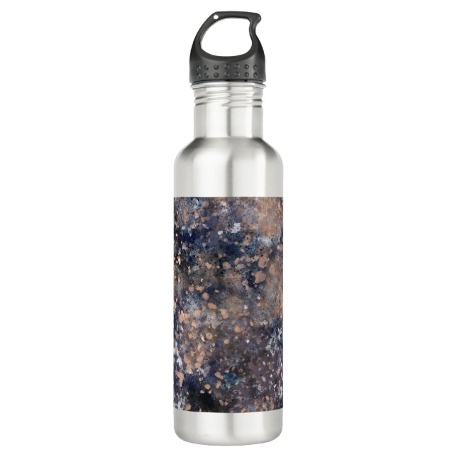 Blue & Rose Gold Paint Splatter Abstract Glamour Stainless Steel Water Bottle (Front)
