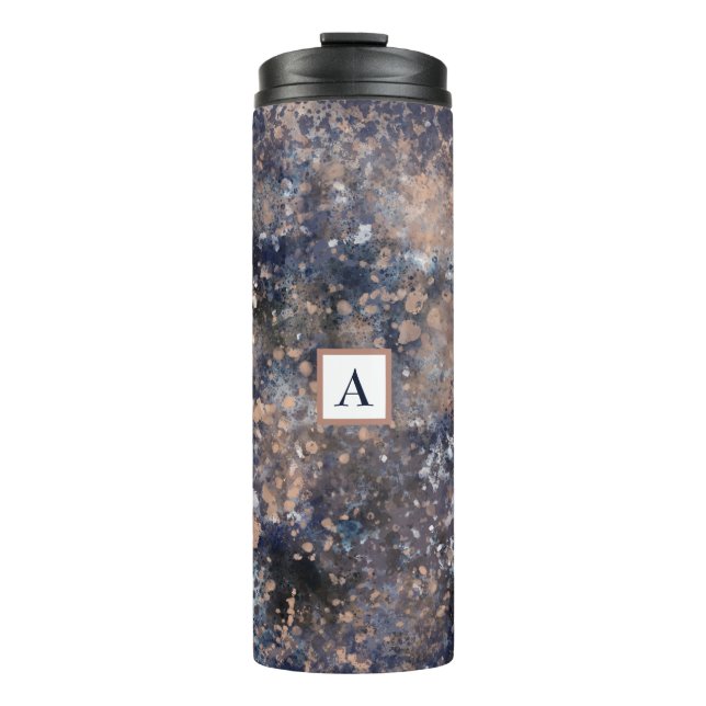 Blue & Rose Gold Paint Splatter Abstract Glamour Thermal Tumbler (Front)