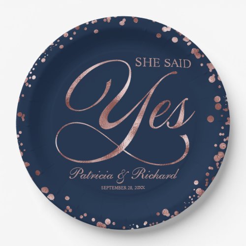 Blue Rose Gold She Said Yes Engagement Party Paper Plates