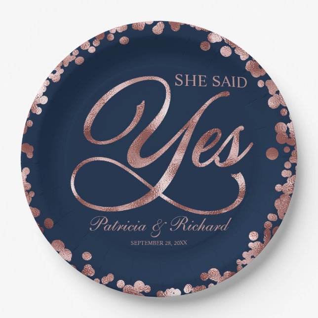 Blue Rose Gold She Said Yes Engagement Party Paper Plates (Front)