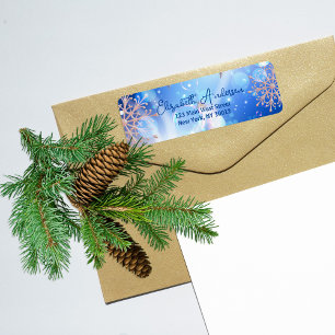 Blue Rose Gold Snowflake Winter Holiday Address Label