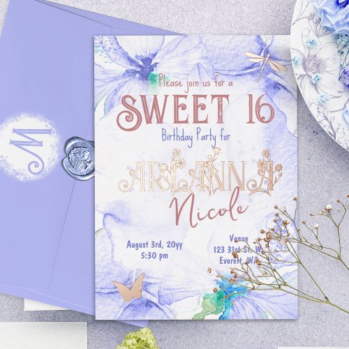 Blue Rose Gold Sweet 16 Wild Flower Letters Foil Invitation