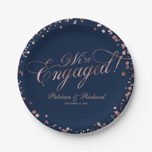 Blue Rose Gold We're Engaged Engagement Party Paper Plates