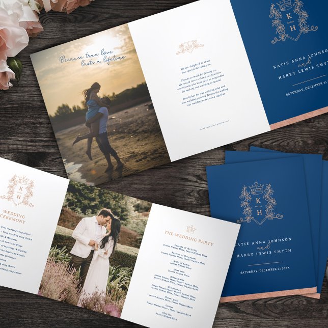 Blue rose gold white photo crown monogram wedding Tri-Fold program (Creator Uploaded)