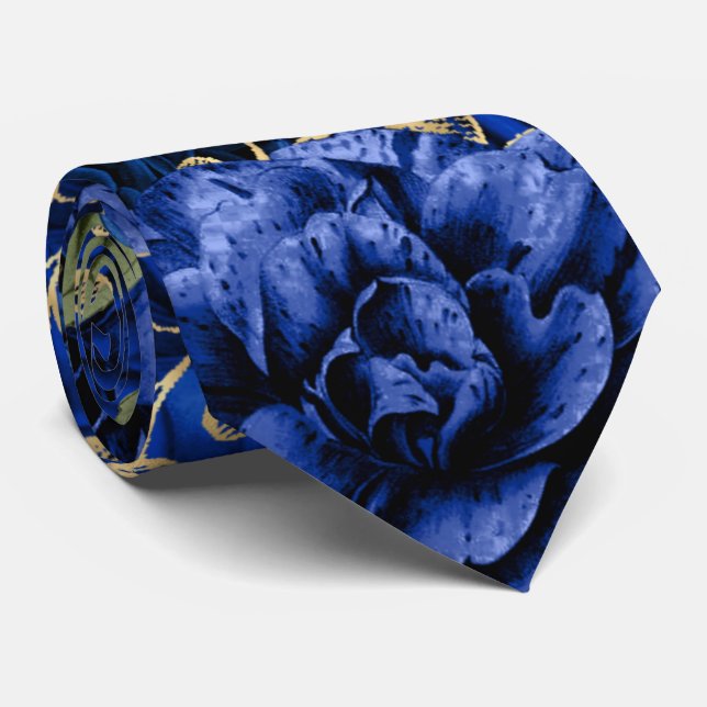 Blue rose green leaf foliage botanical floral neck tie (Rolled)