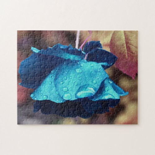 Blue Rose Lingering Raindrops Flower Abstract Jigsaw Puzzle