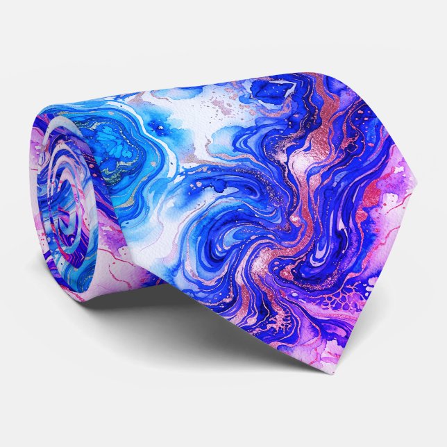 Blue Rose Marble Luxury Abstract Fluid Art Pattern Neck Tie (Rolled)