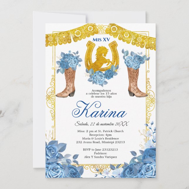 Blue Rose Mexican Charra 15 Quinceanera Invitation (Front)