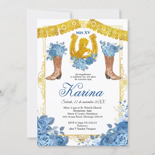 Blue Rose Mexican Charra 15 Quinceanera Invitation