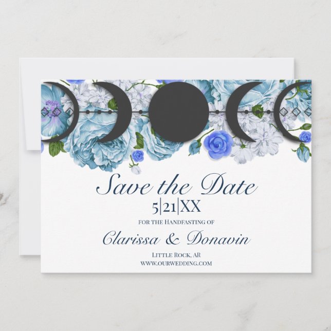 Blue Rose Moon Phase Wiccan Handfasting Save The Date (Front)