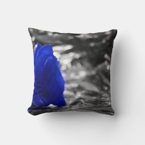 Blue Rose On Left Side Silver Background Throw Pillow