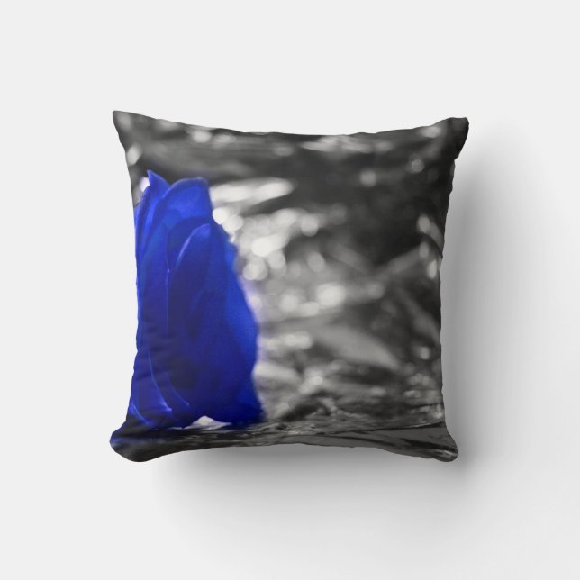 Blue Rose On Left Side Silver Background Throw Pillow (Front)
