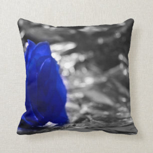 Blue Rose On Left Side Silver Background Throw Pillow
