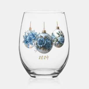 Blue Rose Ornament Trio Stemless Wine Glass