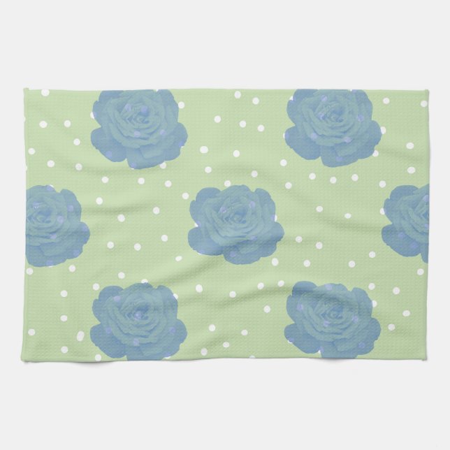 Blue rose pattern on green backround towel (Horizontal)