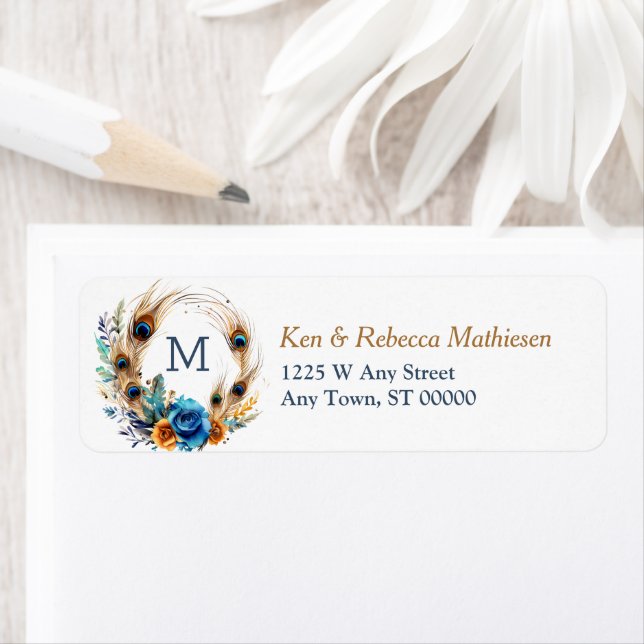 Blue Rose Peacock Wreath Monogram Return Address Label (Insitu)