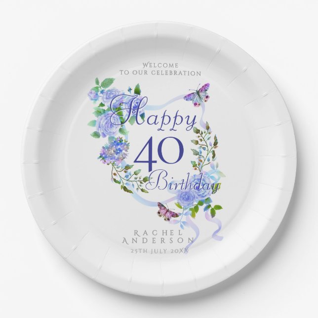 Blue Rose Ribbon 40th Birthday Paper Plates (Front)
