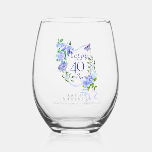 Blue Rose Ribbon 40th Birthday Stemless Wine Glass