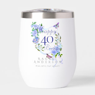 Blue Rose Ribbon 40th Birthday Thermal Wine Tumbler