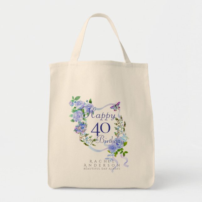 Blue Rose Ribbon 40th Birthday Tote Bag (Front)