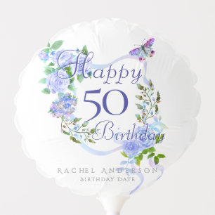Blue Rose Ribbon 50th Birthday Balloon