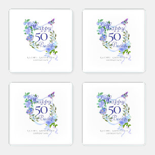 Blue Rose Ribbon 50th Birthday  Coaster Set
