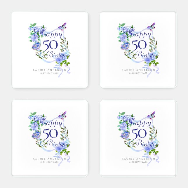 Blue Rose Ribbon 50th Birthday  Coaster Set (Set)