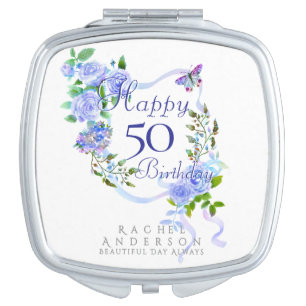 Blue Rose Ribbon 50th Birthday Compact Mirror