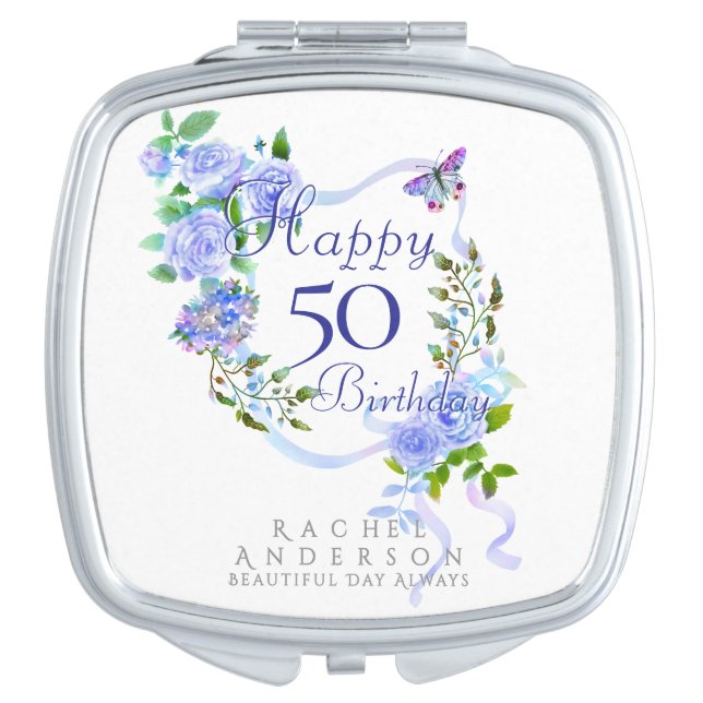 Blue Rose Ribbon 50th Birthday Compact Mirror (Front)