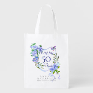 Blue  Rose Ribbon 50th Birthday Grocery Bag