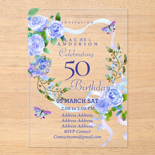 Blue Rose Ribbon 50th  Birthday Invitation (Front)
