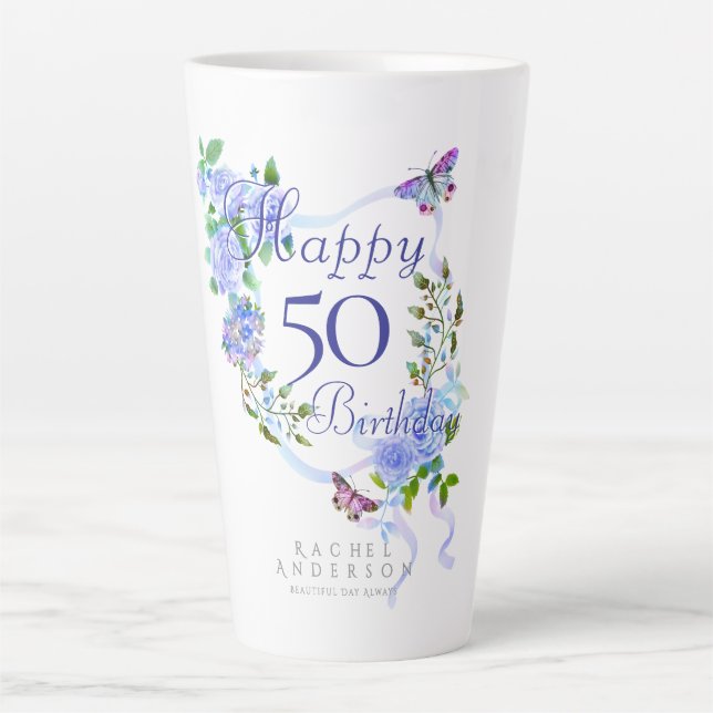 Blue Rose Ribbon 50th Birthday Latte Mug (Front)