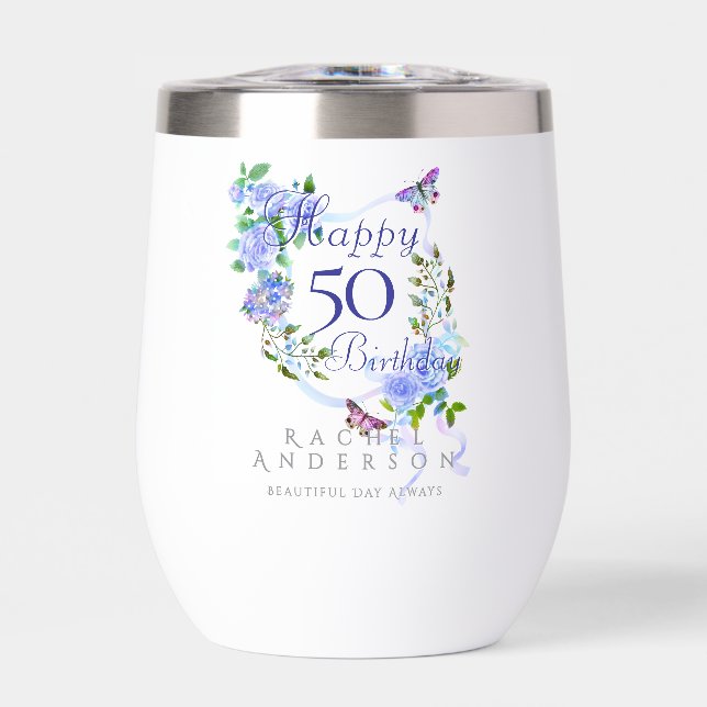 Blue Rose Ribbon 50th Birthday Thermal Wine Tumbler (Front)