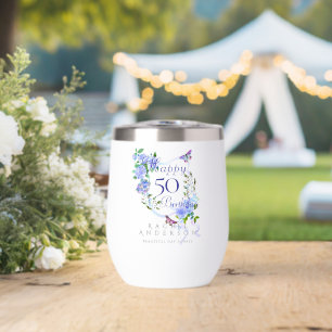 Blue Rose Ribbon 50th Birthday Thermal Wine Tumbler