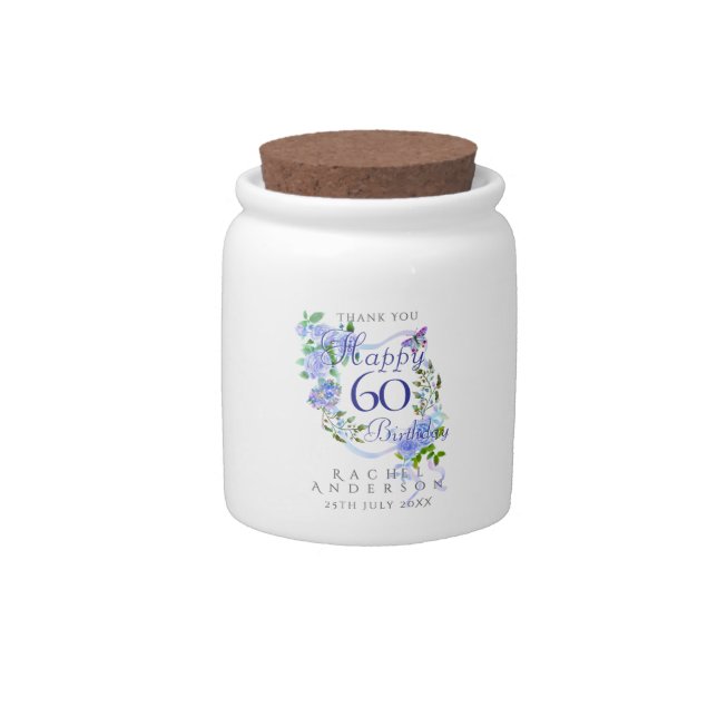 Blue Rose Ribbon 60th Birthday  Candy Jar (Front)