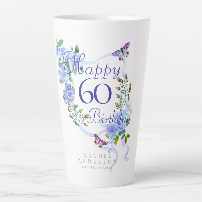 Blue Rose Ribbon 60th Birthday Latte Mug (Front)
