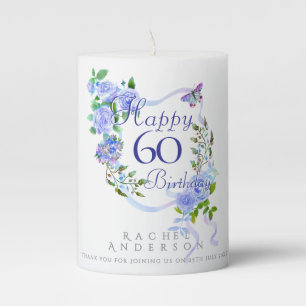 Blue Rose Ribbon 60th Birthday Pillar Candle
