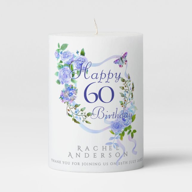 Blue Rose Ribbon 60th Birthday Pillar Candle (Front)