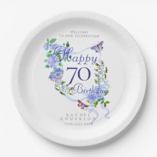 Blue Rose Ribbon 70th Birthday Paper Plates